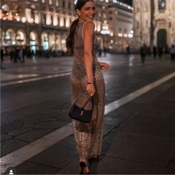 NEW Zara Diamond Rhinestone Mesh Maxi Dress - Picture 9 of 16